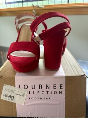 Journee Collection Red Suede Platform Block Heel Sandals